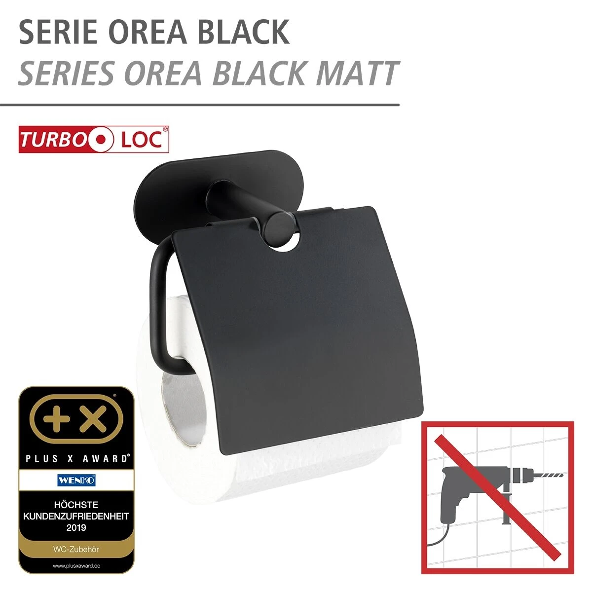 Wenko Orea Turbo-loc Toiletrolhouder Met Deksel RVS Zwart Mat 4 Wenko Orea Turbo-loc Toiletrolhouder Met Deksel RVS Zwart Mat - Afbeelding 2