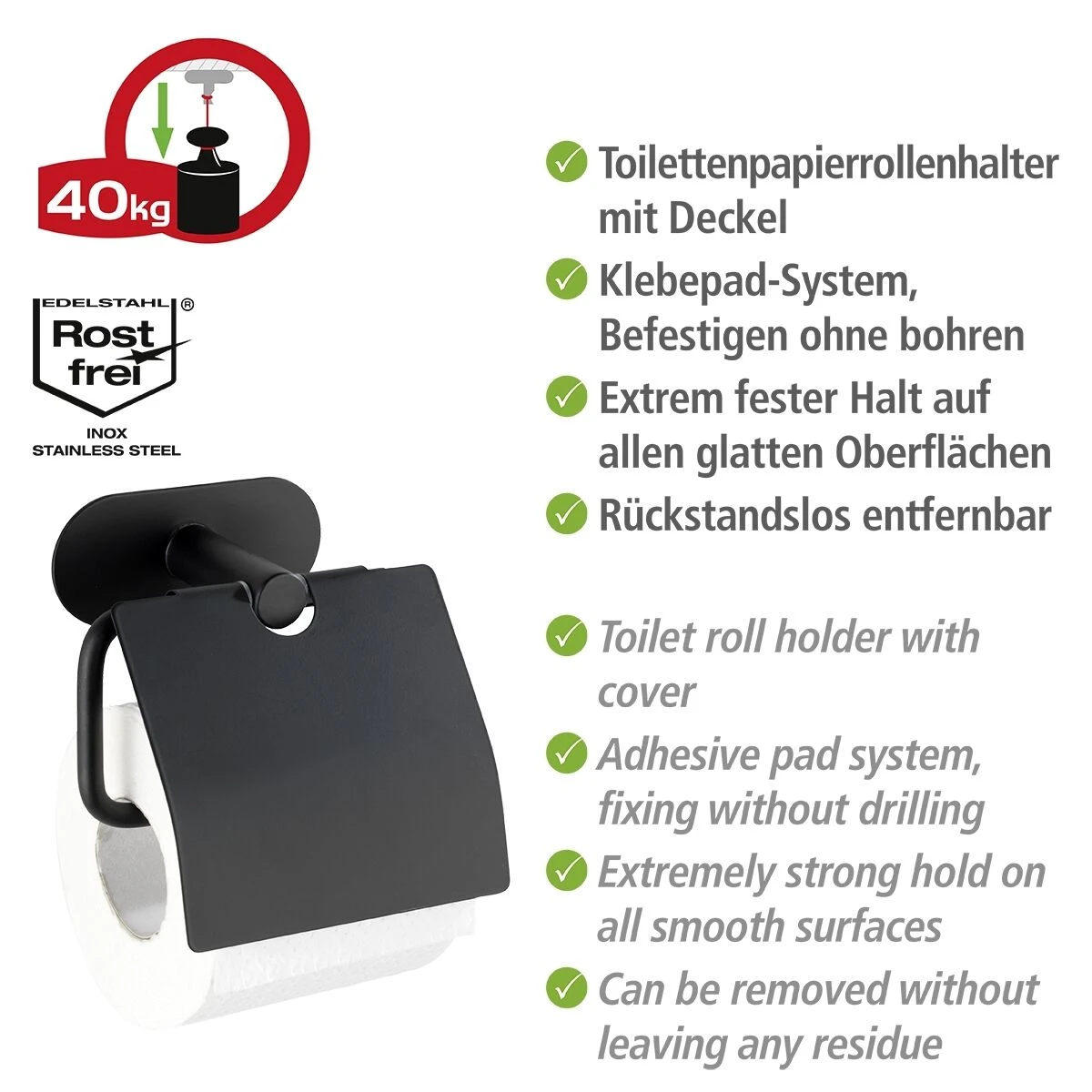 Wenko Orea Turbo-loc Toiletrolhouder Met Deksel RVS Zwart Mat 5 Wenko Orea Turbo-loc Toiletrolhouder Met Deksel RVS Zwart Mat - Afbeelding 3