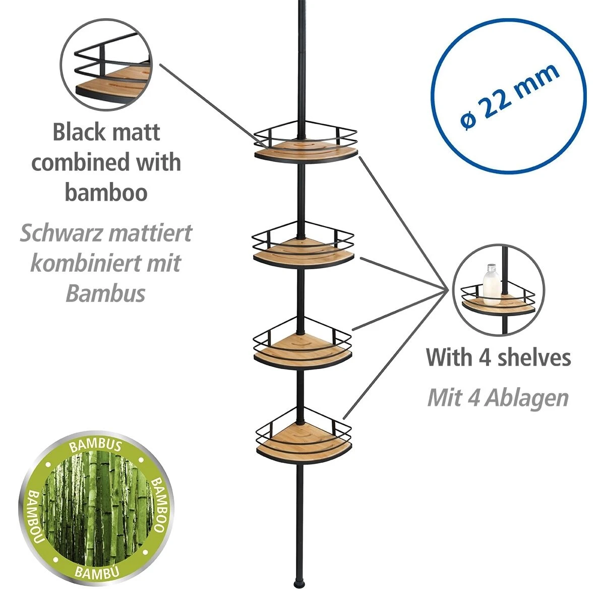 Wenko Dolcedo Telescopisch Doucherek Zwart/bamboe 4 Wenko Dolcedo Telescopisch Doucherek Zwart/bamboe - Afbeelding 2