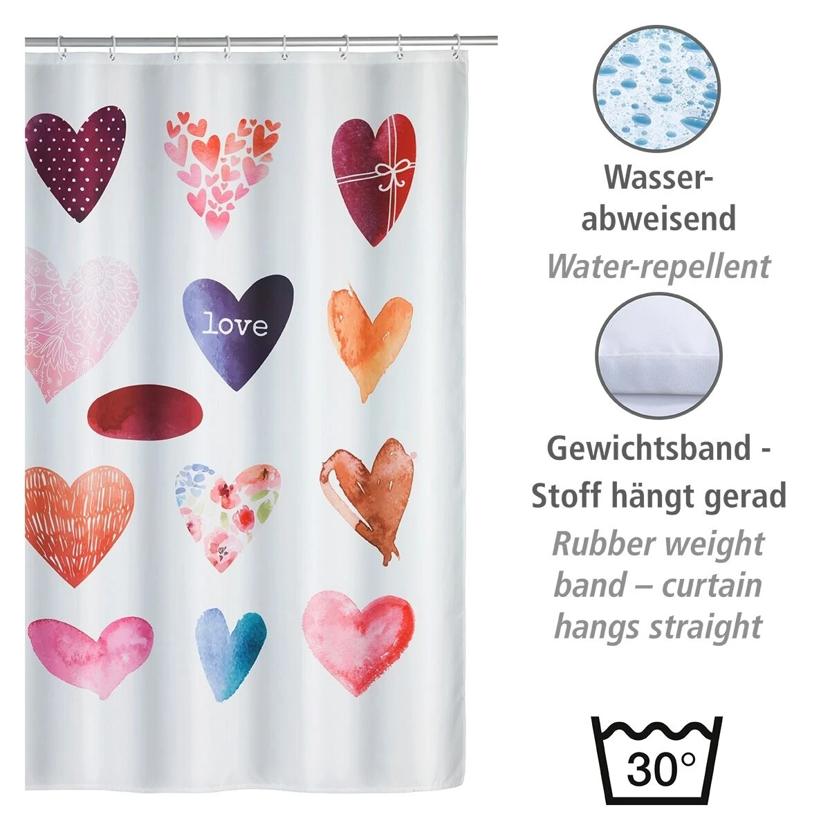 Wenko Douchegordijn 180x200cm Love Inclusief Ringen 5 Wenko Douchegordijn 180x200cm Love Inclusief Ringen - Afbeelding 3