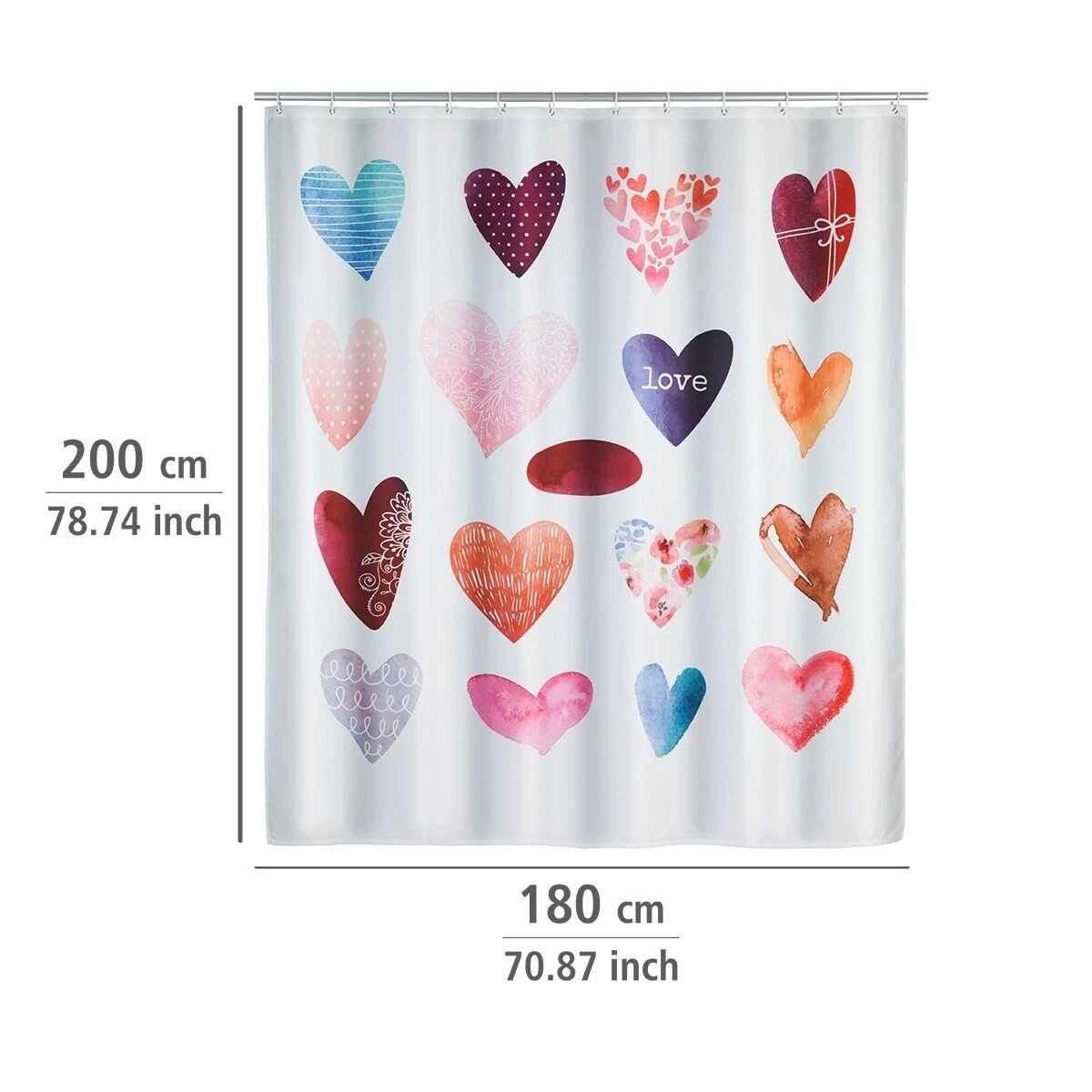 Wenko Douchegordijn 180x200cm Love Inclusief Ringen 7 Wenko Douchegordijn 180x200cm Love Inclusief Ringen - Afbeelding 5