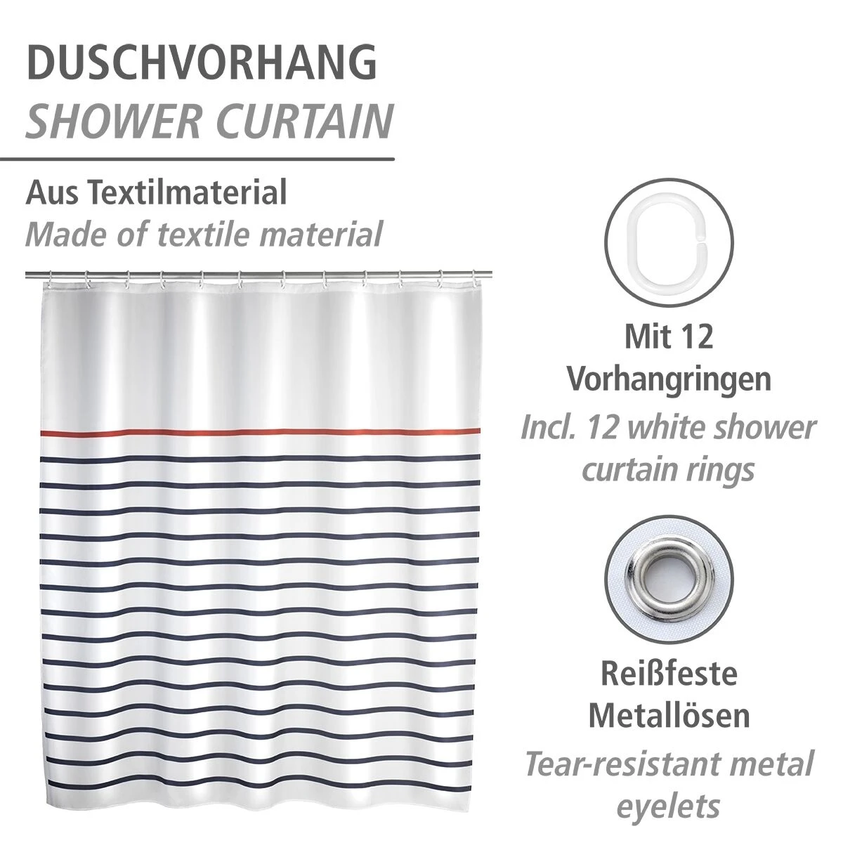 Wenko Douchegordijn 180x200cm Marine Inclusief Ringen 5 Wenko Douchegordijn 180x200cm Marine Inclusief Ringen - Afbeelding 3