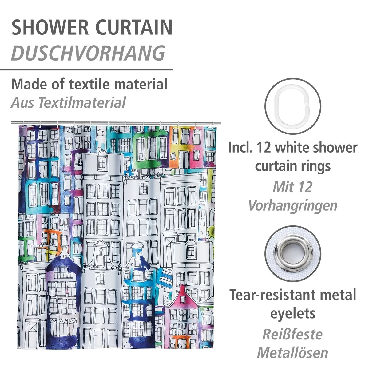 Wenko Douchegordijn 180x200cm Sunny City Inclusief Ringen 4 Wenko Douchegordijn 180x200cm Sunny City Inclusief Ringen - Afbeelding 2